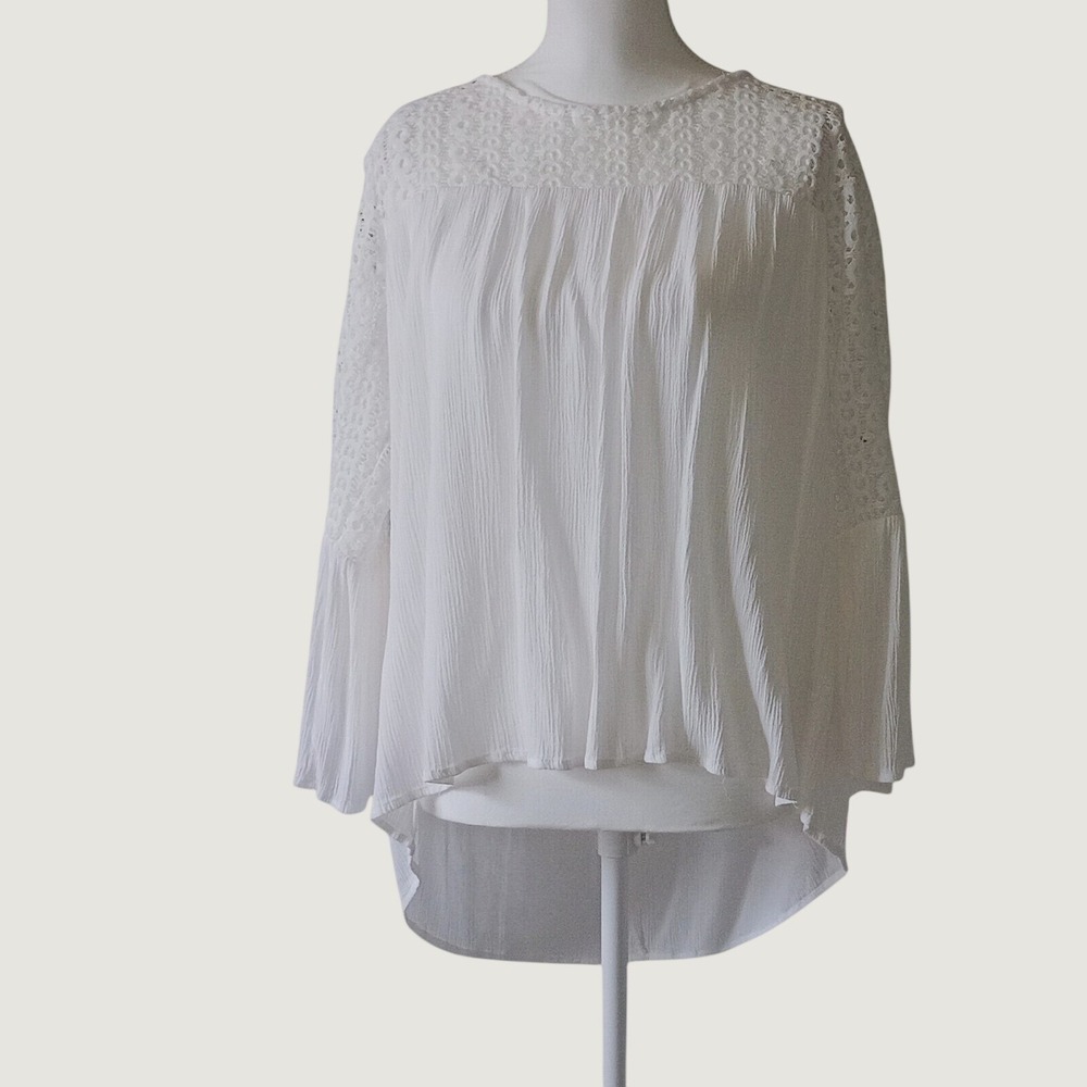 Cowgirl Hardware White Crochet Lace Bell Sleeve Gauze Blouse Large Western Boho